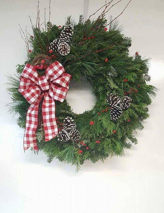 Cardinal in its Nest with a Red Gingham Bow Wreath -