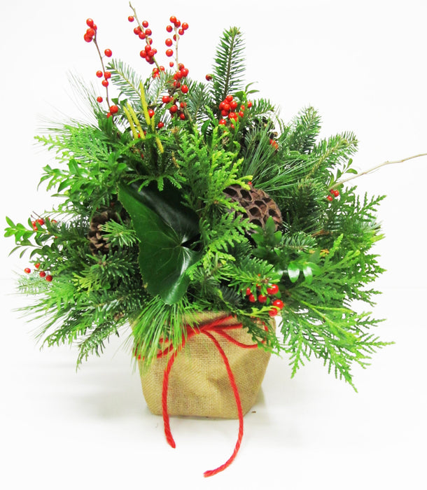 Christmas Burlap Sack Arrangement - Small - 10” wide x 12” 