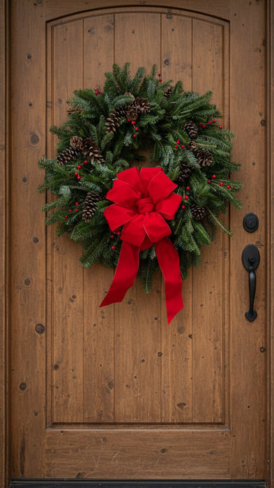 Christmas wreath with red bow and pinecones on a door
