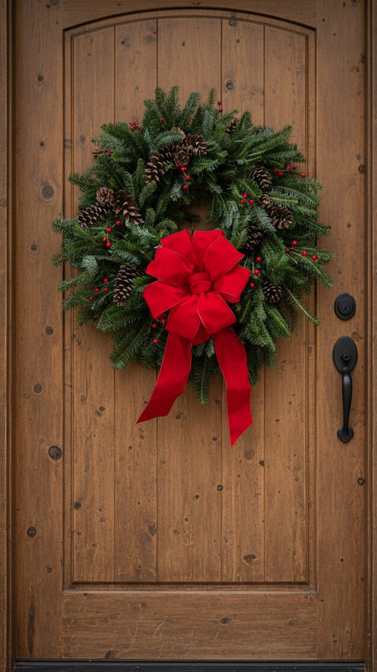 Fraser Fir Wreath - Pine Cones, Red Berries, Red Bow