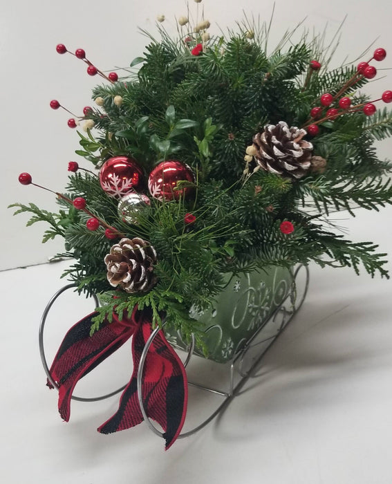 Green Tin Christmas Sleigh - Buffalo Red Bow w/ Red Balls - 