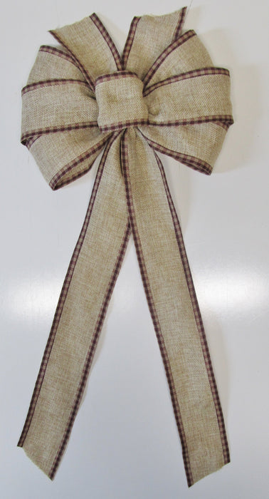 Natural Burlap With Burgundy Gingham Bow - Bow