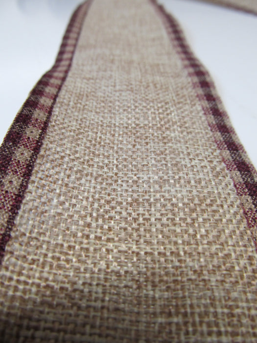 Natural Burlap With Burgundy Gingham Bow - Bow