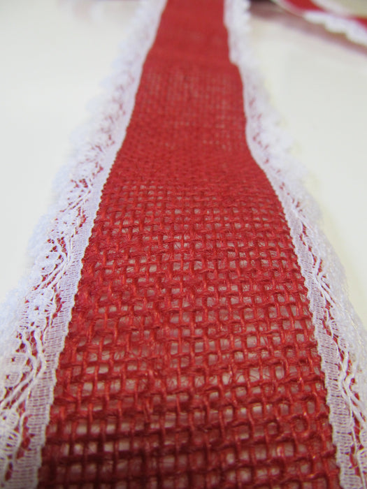 Red Burlap With White Lace Edge Bow - Bow