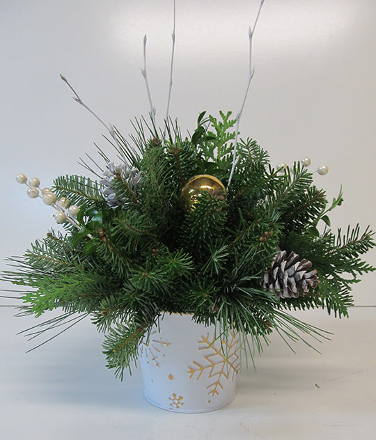 White Embossed Tin With Gold Snowflakes Arrangement
